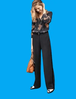 Black Pants With a black floral long-sleeve blouse
