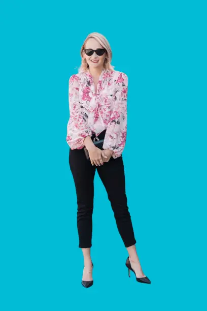 Black Pants with Pink Floral Blouse 