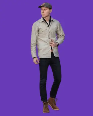 Gray Long Sleeve Shirt With Black Pants And Brown Shoes