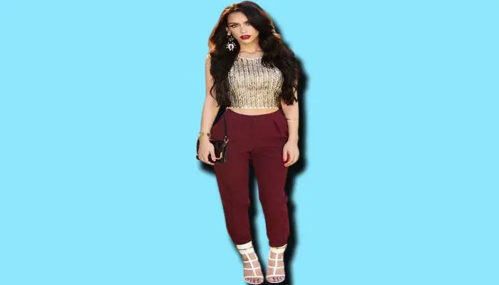 Maroon Pants With Gold Cropped Top, outfit with maroon pants
