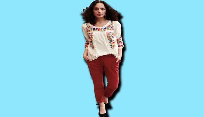 Maroon Pants With White Embroidered Peasant Blouse, What To Wear With Maroon Pants