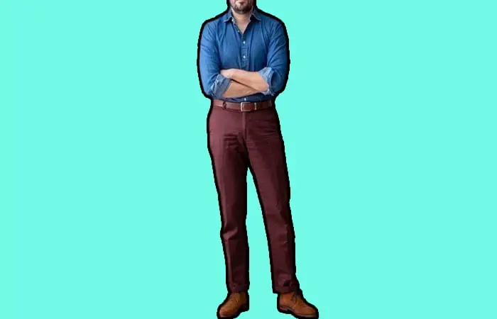 Maroon pants with a blue chambray long-sleeve shirt