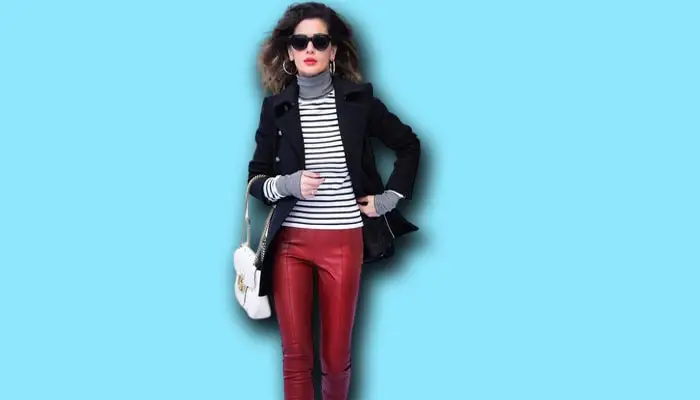 Maroon pants with a white horizontal striped turtleneck