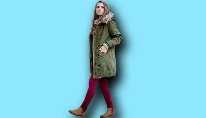 Maroon pants with an olive parka, outfit with maroon pants
