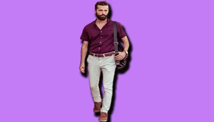 Purple shirt with white chinos