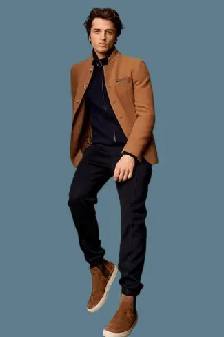 Tobacco Wool Jacket With Black Pants And Brown Shoes 