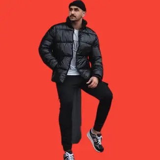 A Black Puffer Jacket With Black Pants