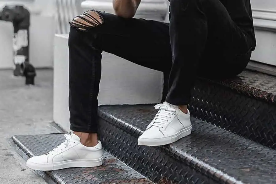 White Leather Low-top Sneakers With Black Pants