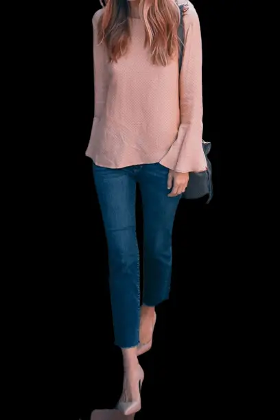 Pink Bell Sleeve Blouse With Dark Blue Jeans