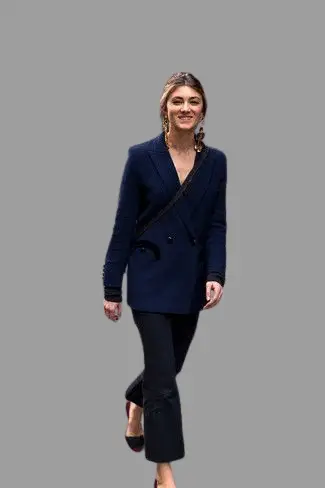 A Navy Double-breasted Blazer With Black Flare Pants