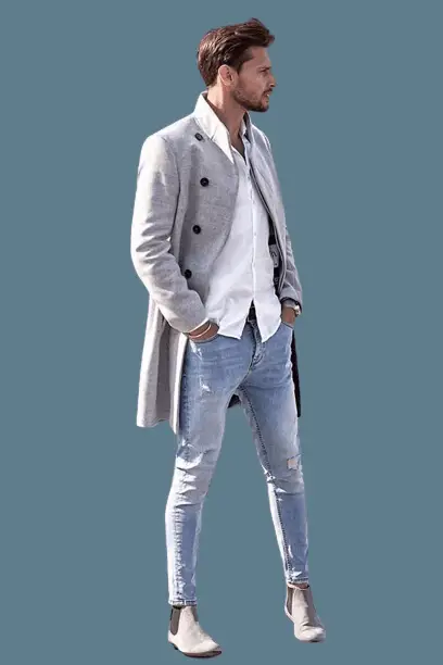 Grey Overcoat With Light Blue Jeans