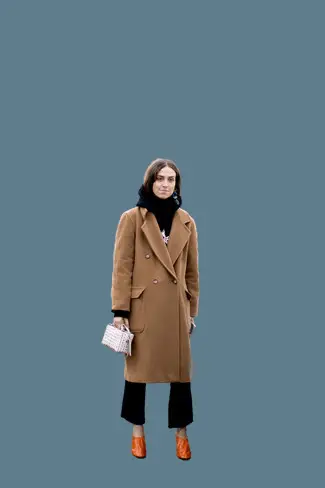 Camel Coat With Black Flare Pants