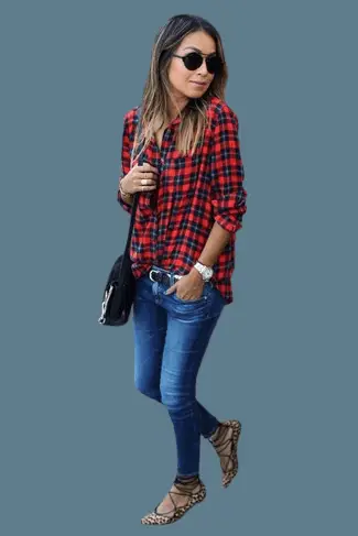 Red And Blue Plaid Shirt With Dark Blue Jeans