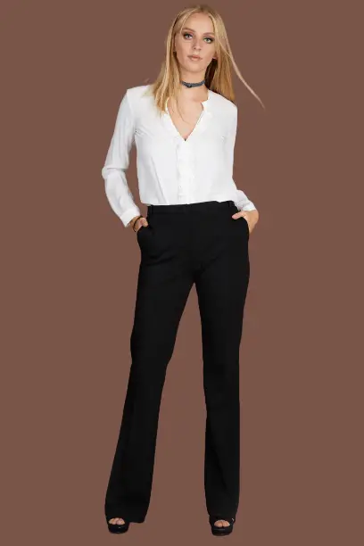White Silk Long Sleeve Blouse and Black Flare Pants