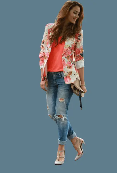 Floral Printed Blazer With Light Blue Jeans
