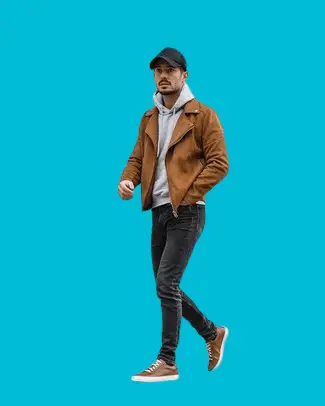 Brown Suede Biker Jacket With Skinny Jeans And Sneakers