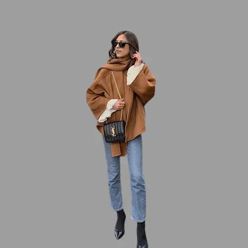 Heels and Brown Wool Coat With Straight-leg jeans