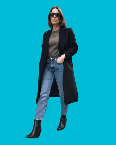 Black Coat With Ankle Boots And Straight-leg Jeans