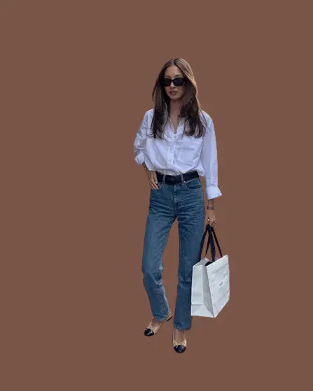 Classy Flats And White Blouse With Straight Leg Jeans