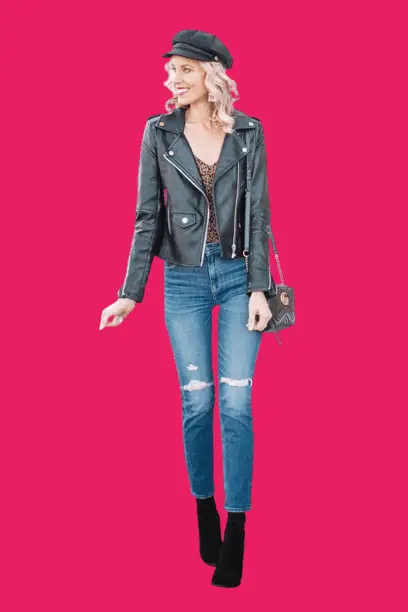 Leather Jacket With Ankle Boots And Straight-leg Jeans