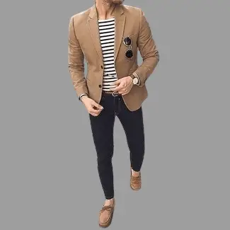 A Brown Blazer With Slim Fit Jeans