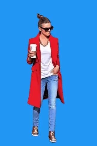 Red Coat With Straight-Leg Jeans
