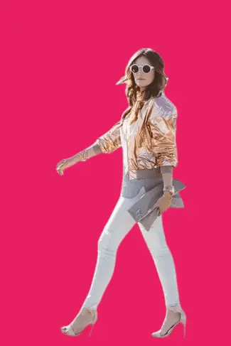 Girls walking with Gold Bomber Jacket With White Skinny Jeans