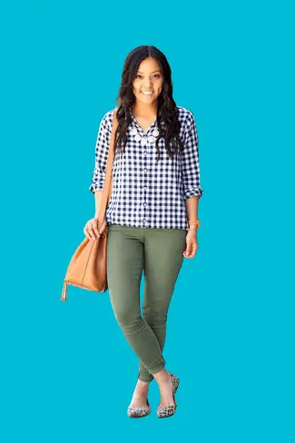 Navy And White Gingham Dress Shirt With Dark Green Skinny Jeans