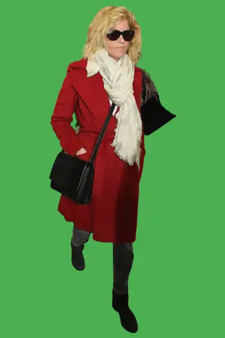 Red Coat With Grey Skinny Jeans
