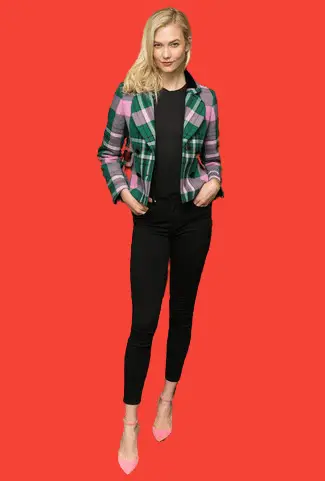 Pink Suede Pumps with Green Plaid Blazer and Black Skinny Jeans