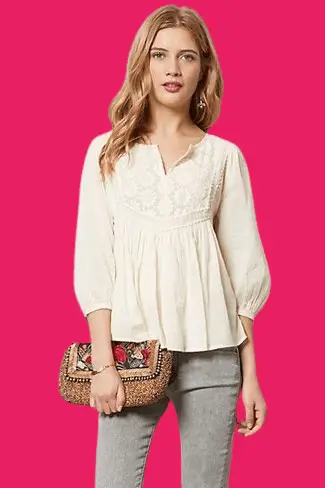 White Peasant Blouse With Grey Skinny Jeans