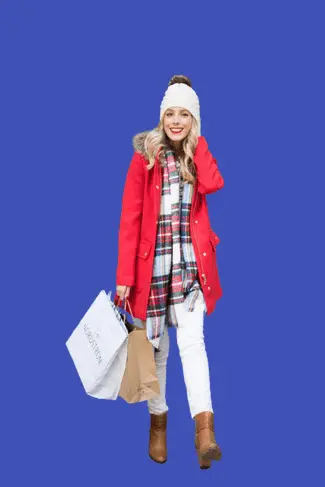 Girl back from shopping wearing Red Parka With White Skinny Jeans