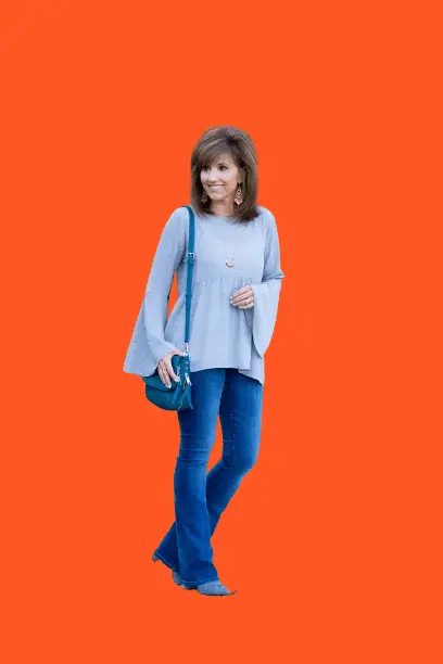 Light Blue Bell Sleeve Top And Bootcut Jeans With Ankle Boots