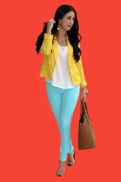 Yellow Blazer With Turquoise Skinny Jeans