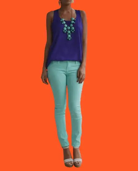 Blue Sleeveless Tops With Turquoise Skinny Jeans, What To Wear With Turquoise Skinny Jeans