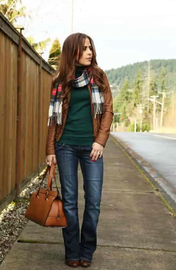 Brown Leather Jacket And Bootcut jeans With Boots