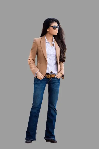 Brown Blazer And Bootcut Jeans With Ankle Boots