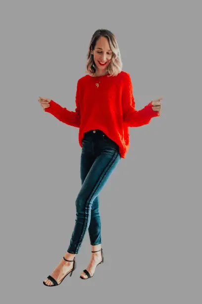Red Knit Oversized Sweater With Dark Green Skinny Jeans for women