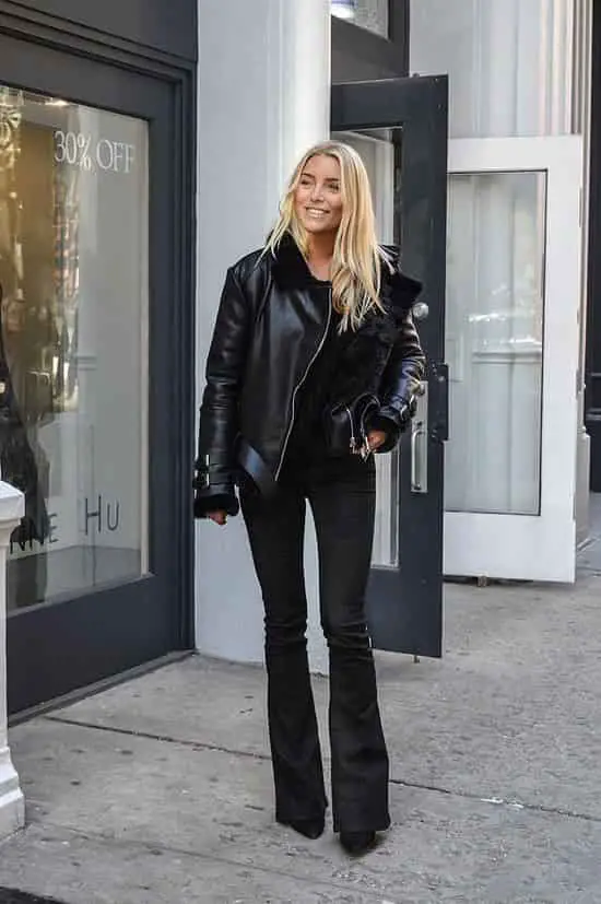 Black Leather Jacket And Bootcut Jeans With Boots