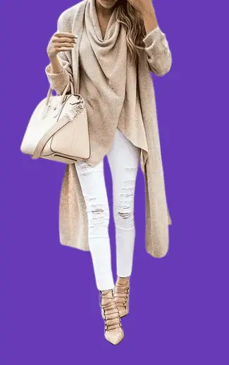 A girl wear Tan Knit Open Cardigan With White Skinny Jeans