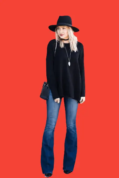 Black Zip Sweater With Flare Jeans, How To Style Flare Jeans