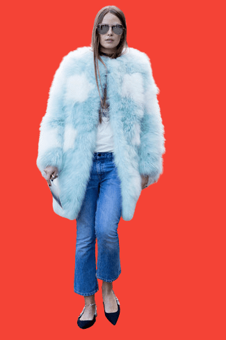 Flare Jeans With Light Blue Fur Coat