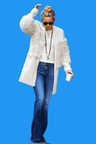 White Fleece Coat And Flare Jeans With Ankle Boots
