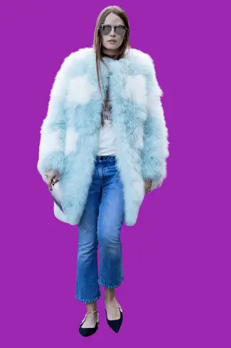 Blue Fur Coat And Ballerina Shoes With Flare Jeans
