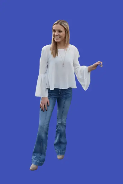 White Bell-sleeved Blouse With High Waisted Flare Jeans