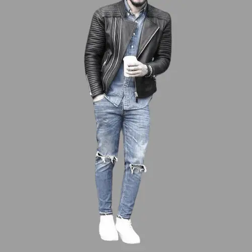 Tapered Jeans With Chambray Shirt and Leather Jacket 