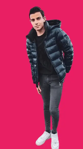 Tapered Jeans With Crewneck and Puffer Jacket