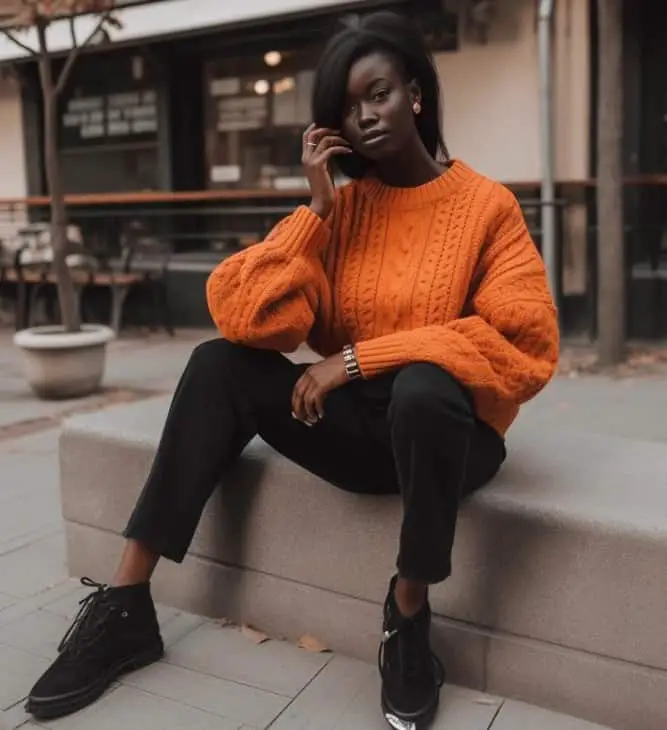 Orange Knit Sweater With Black Mom Jeans