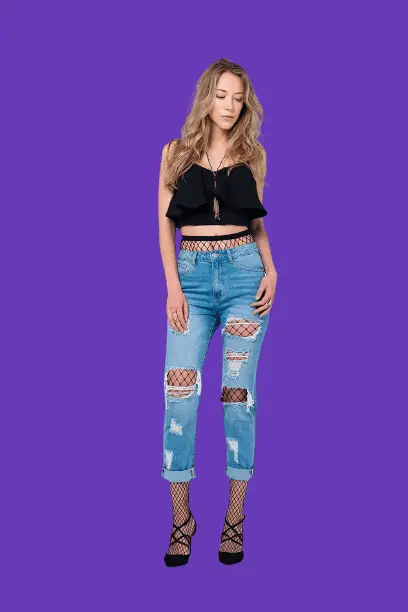 Fishnet Cropped Tee With Ripped Mom Jeans