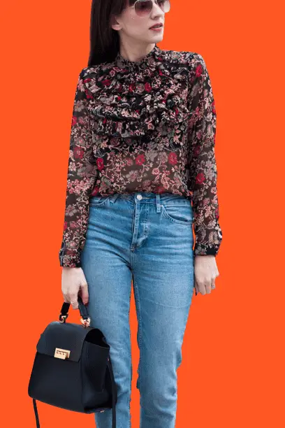 Printed Blouse With Combat Boots And Mom Jeans